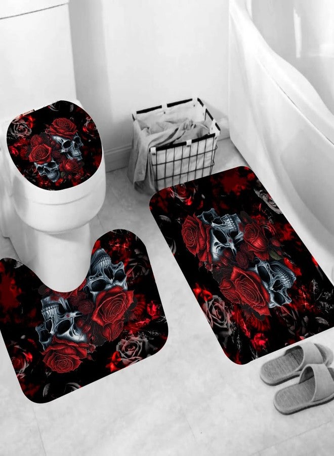 RinRinfam 4Pcs Skull Shower Curtain Set, Helloween Red Rose Skull Shower Curtain Set Non-Slip Rug,Toilet Lid Cover,U Shape Mat,Waterproof Bathroom Decor Sets with 12 Hooks,Red Black - Image 3