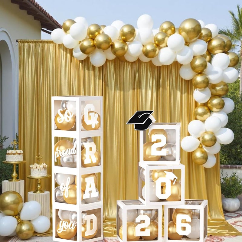 Heukikt صندوق بالونات التخرج 2026، 4 صناديق شفافة بيضاء مع حروف "2026 تخرج فخور بك" وبالونات بيضاء وذهبية فضية لتزيين حفلة تخرج المدرسة الثانوية والجامعة - Image 3