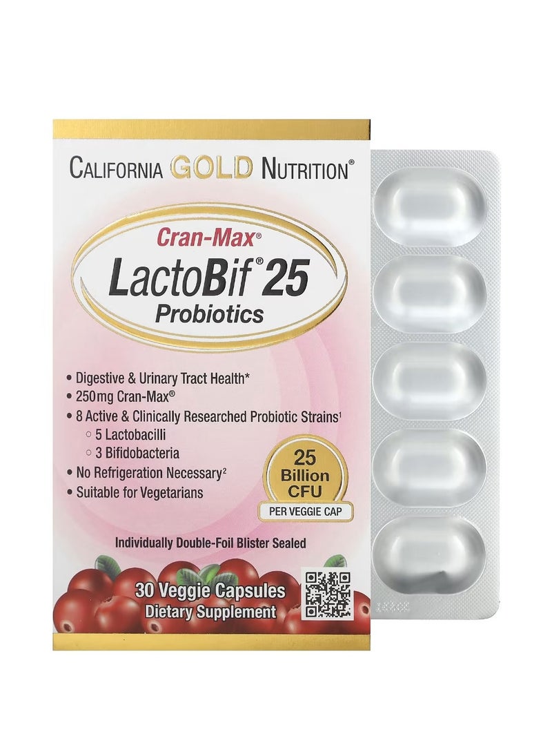 California Gold Nutrition CranMax LactoBif Probiotics 25 Billion CFU 30 Veggie Capsules  - Image 1