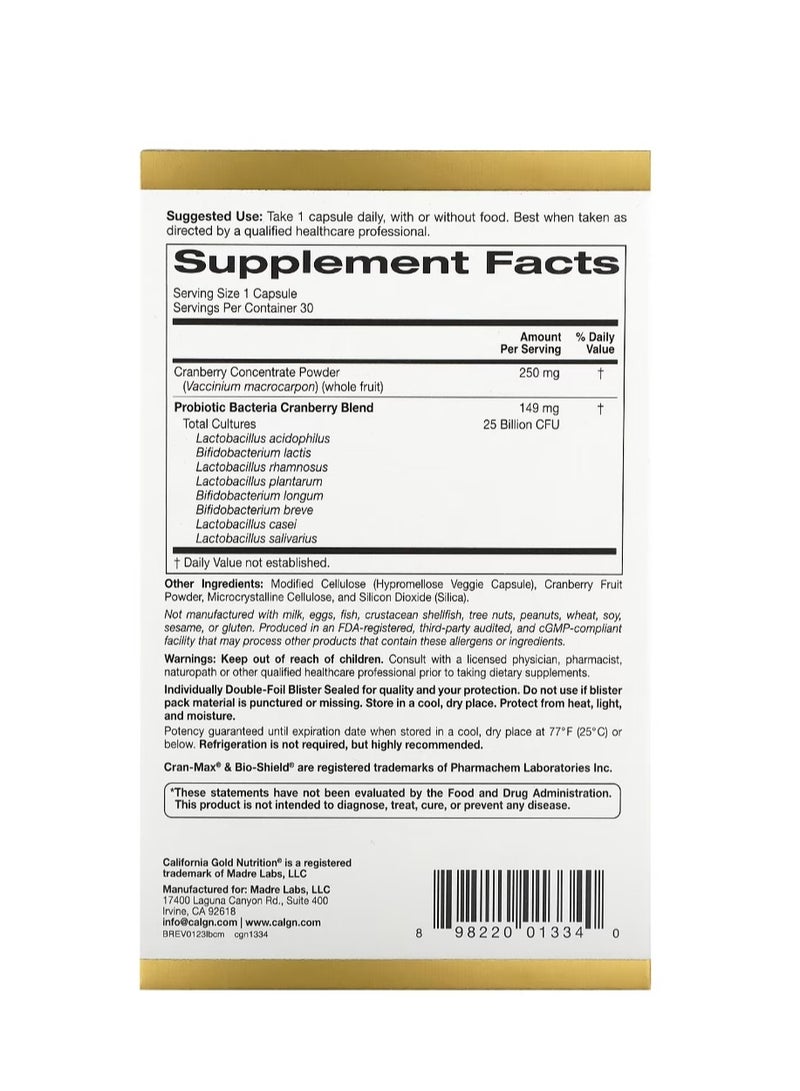 California Gold Nutrition CranMax LactoBif Probiotics 25 Billion CFU 30 Veggie Capsules  - Image 2
