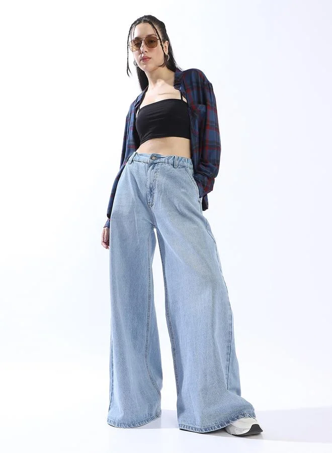 Women's Blue 100% Cotton Distressed Pattern Full Length Denim Wide Leg Jeans