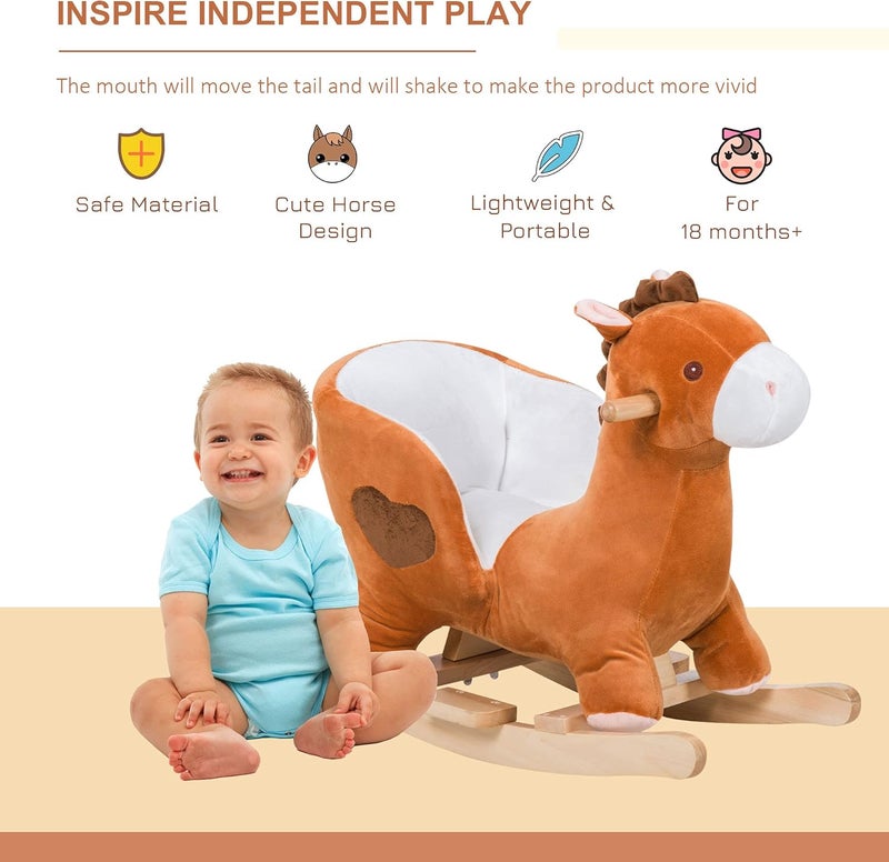Qaba Kids Ride On Rocking Horse, Plush Animal Toy Sturdy Wooden Rocker with Songs for Boys or Girls - Image 3