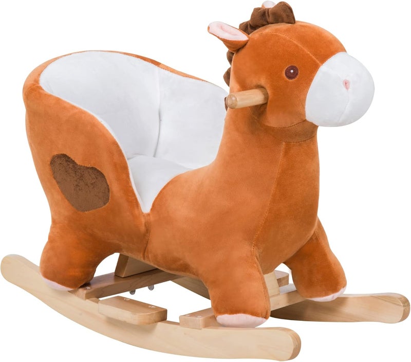 Qaba Kids Ride On Rocking Horse, Plush Animal Toy Sturdy Wooden Rocker with Songs for Boys or Girls - Image 1