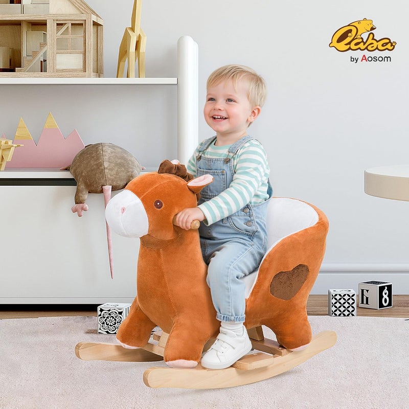 Qaba Kids Ride On Rocking Horse, Plush Animal Toy Sturdy Wooden Rocker with Songs for Boys or Girls - Image 2