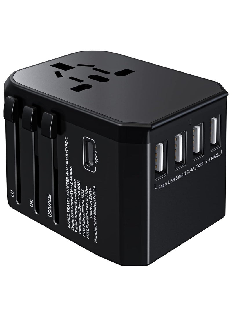 OLIGE Universal Travel Adapter One International Wall Charger AC Plug Adaptor with 4 USB 5.6A Smart Power and 1 Ultra-Fast 3.0A USB Type-C For UK USA EU AUS (Black)