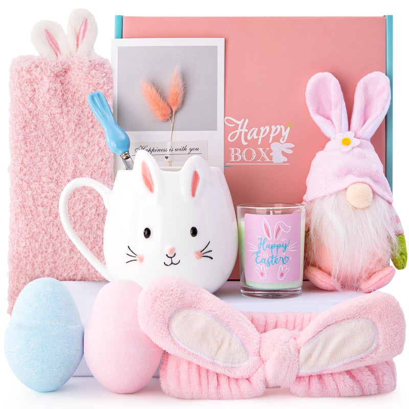 Biching Easter Gifts for Women Teens, 10Pcs Easter Basket Stuffers for Adults, Daughter, 12Oz Hoppy Bunny Coffee Mug, Spoon, Heaband,Socks, Egg Bath Ball, Card, Gift Box - Image 1