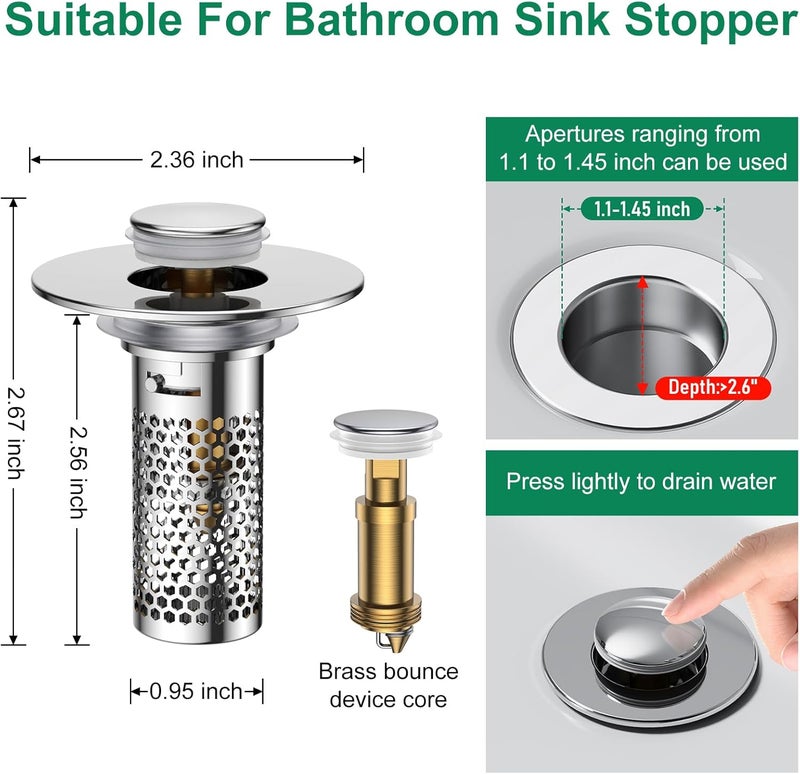Mengine ​Bathroom Sink Drain Strainer,Pop-Up Sink Stopper Hair Catcher, Anti-Clog Stainless Steel Drain Filter Basket, Removable Sink Drain for Bathroom Sink Stopper Replacement (Silver-2) - Image 2