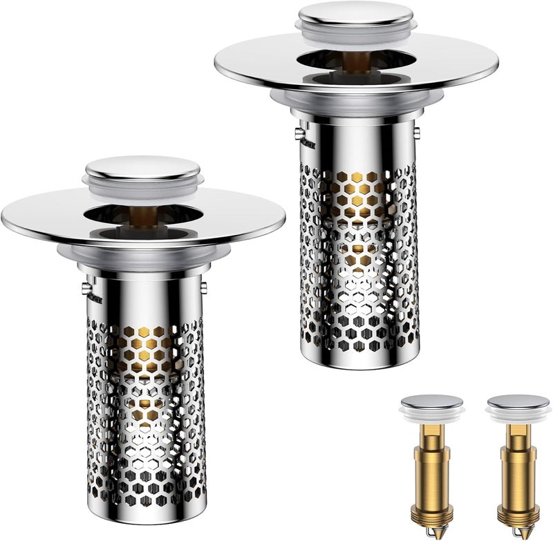 Mengine ​Bathroom Sink Drain Strainer,Pop-Up Sink Stopper Hair Catcher, Anti-Clog Stainless Steel Drain Filter Basket, Removable Sink Drain for Bathroom Sink Stopper Replacement (Silver-2) - Image 1