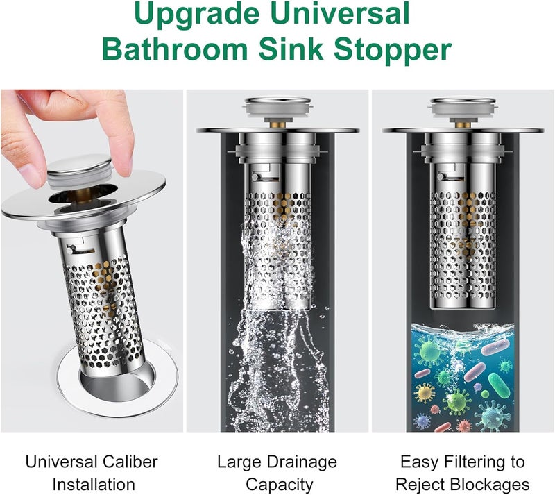 Mengine ​Bathroom Sink Drain Strainer,Pop-Up Sink Stopper Hair Catcher, Anti-Clog Stainless Steel Drain Filter Basket, Removable Sink Drain for Bathroom Sink Stopper Replacement (Silver-2) - Image 3