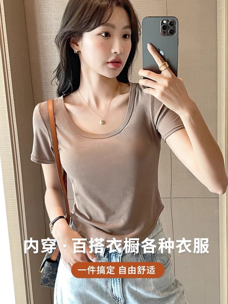 Tiktok Explosions Short-Sleeved T-Shirt Women'S Outer Wear Slim-Fit Slimming Inner Base T-Shirt Top Ins - Image 4
