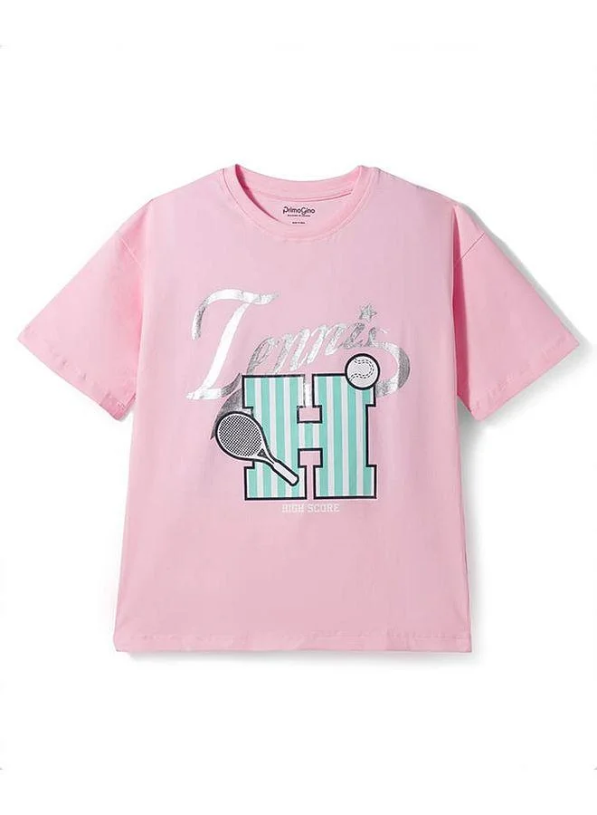 Primo Gino Primo Gino Cotton Elastane Knit Oversized T-Shirt and Shorts Set with Foil Print - Light Pink