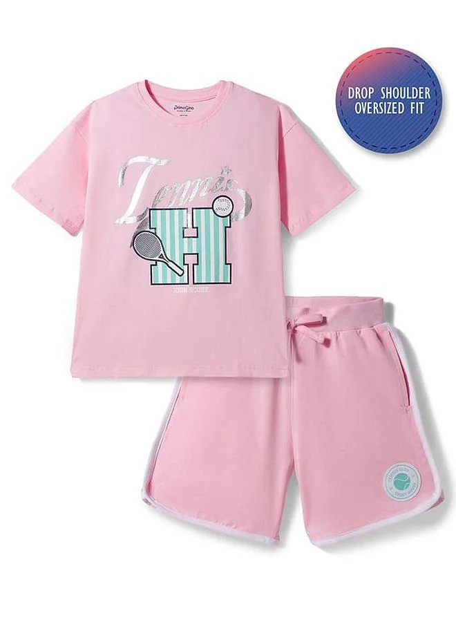 Primo Gino Primo Gino Cotton Elastane Knit Oversized T-Shirt and Shorts Set with Foil Print - Light Pink