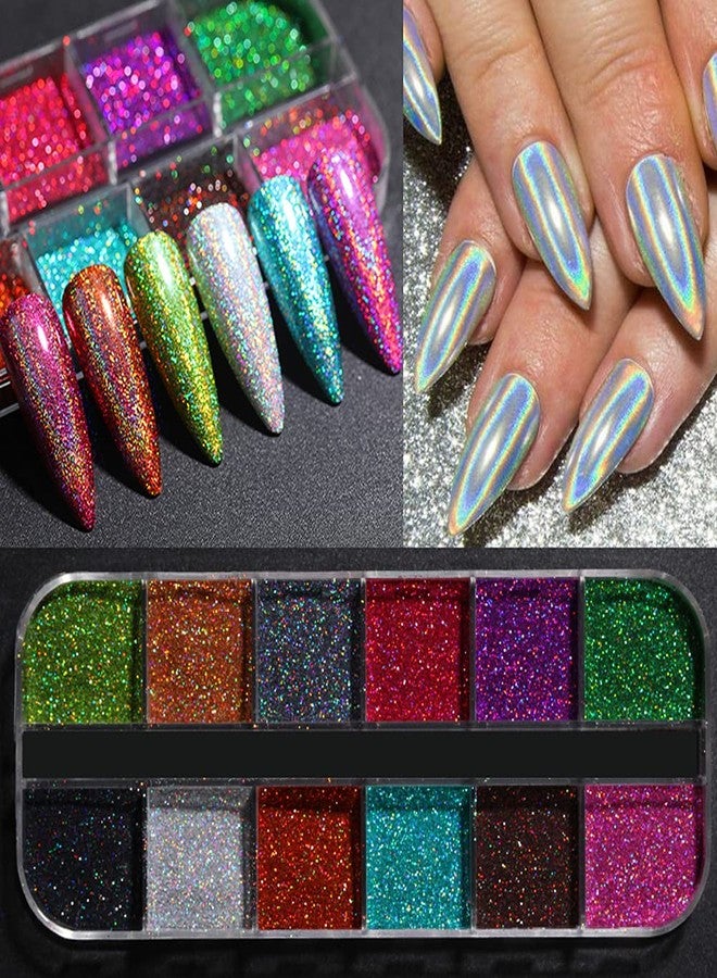 YKZFUI Holographic Nail Powders Laser Shining Glitter Powder Nail Art Supplies 3D Nails Glitter Nail Art Pigment Glitter Dust Powder Set for Nails Art Decoration Sparkle Manicure Tips Charms 12 Colors - Image 2