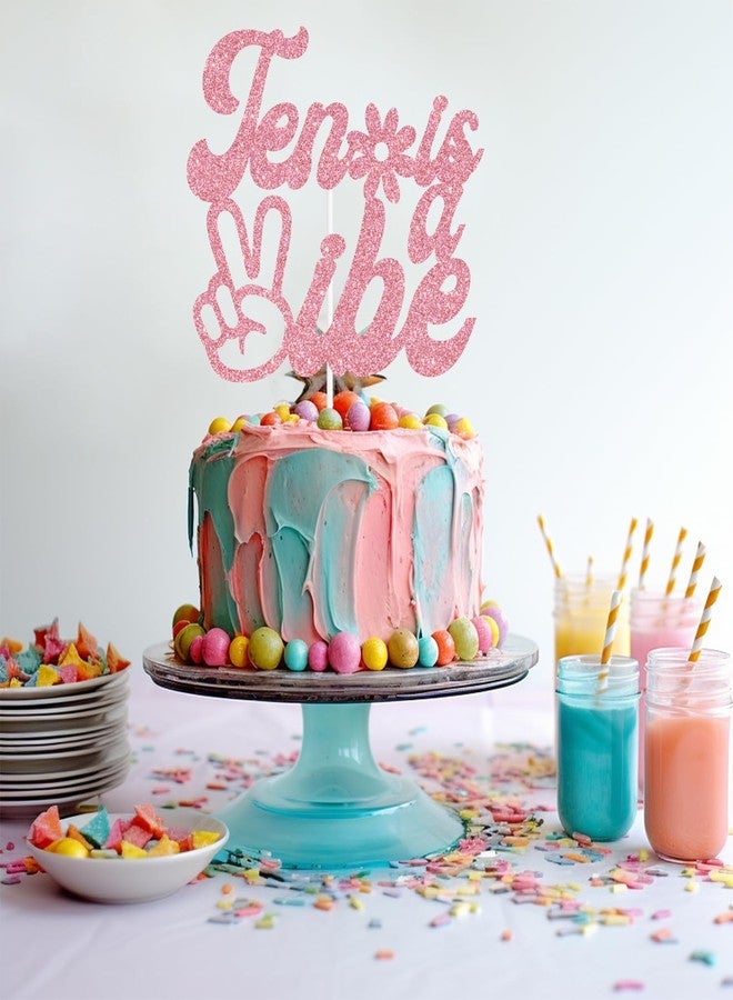 ZACHAKO Pink Glitter Ten is a Vibe Cake Topper, Happy 10th Birthday/Out Single Digits I’m 10, Funny Groovy Flower Themed 10th Birthday Party Decorations - Image 5
