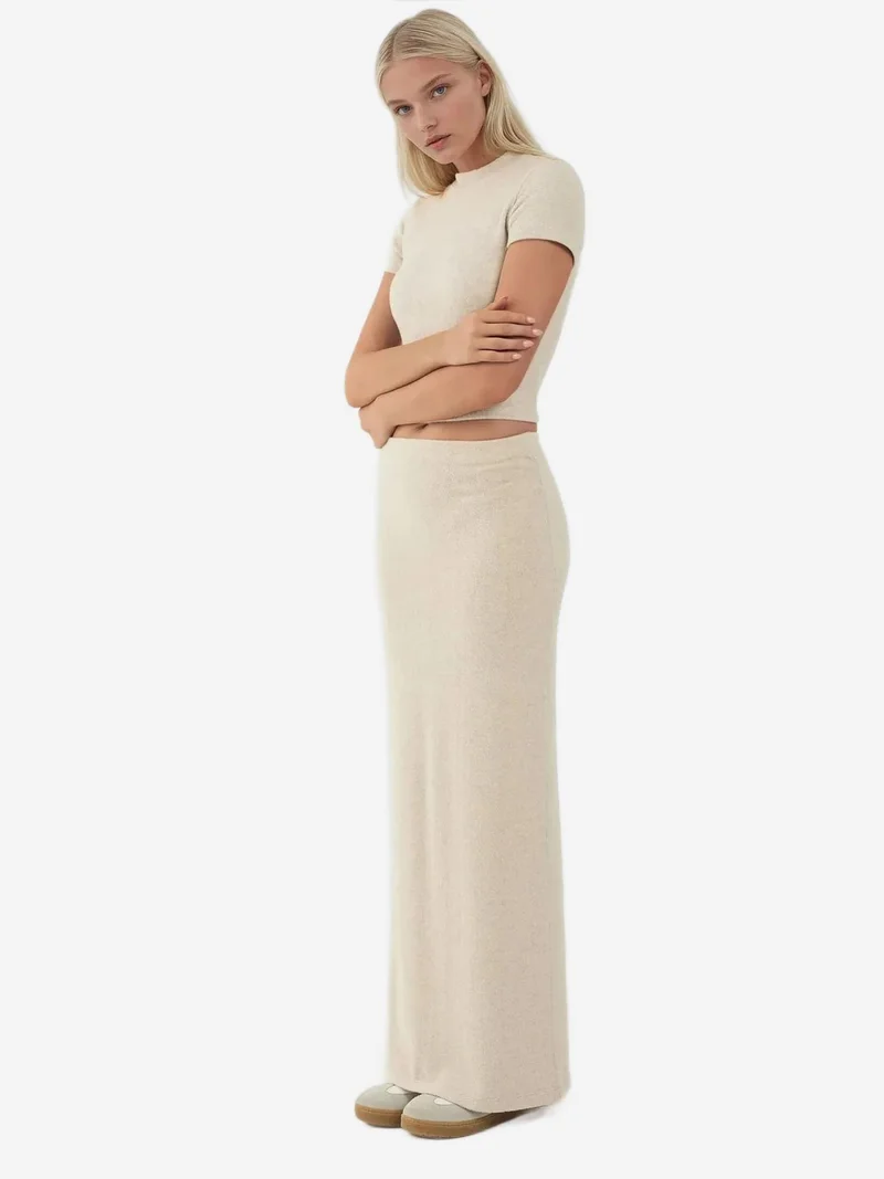 HICCUP Elastic Waist Soft Textured Skirt with Slit