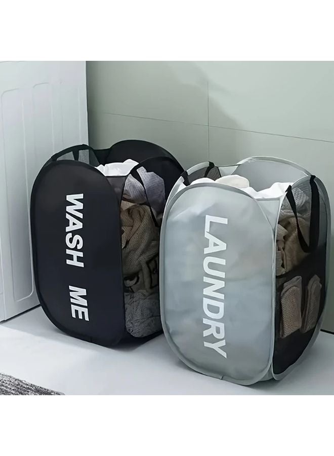 Black Bohemian Style Foldable Laundry Basket Mesh Sides Dual Handles Portable Fabric Hamper - Image 2