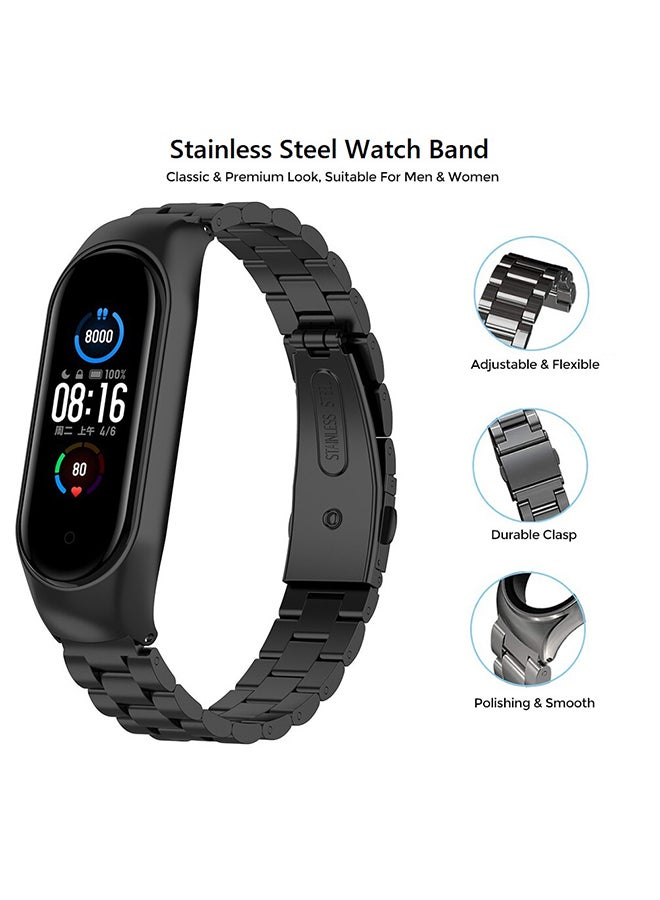 O Ozone Metal Watch Strap Compatible With Xiaomi Mi Band 7 /6/5 3 beads Stainless Steel Adjustable Smartwatch Replacement Straps for Men Women (Black) - Image 3