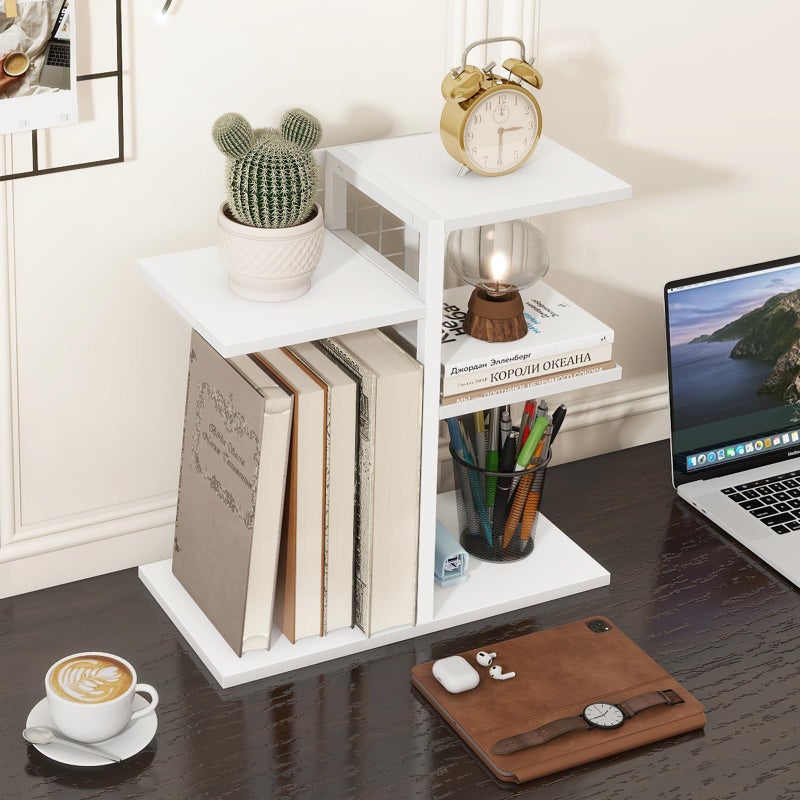 ELITEROO Desk Bookshelf, 4 Tier Wood Desktop Bookshelf, Adjustable Table Top Book Shelf and Storage Rack for Office Supplies, Dorm, Home Office, White - Image 2