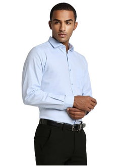 Peter England Peter England Men's Sophisticated Subtle Micro-Checkered Formal Slim Fit Shirt Sky Blue  - Image 2