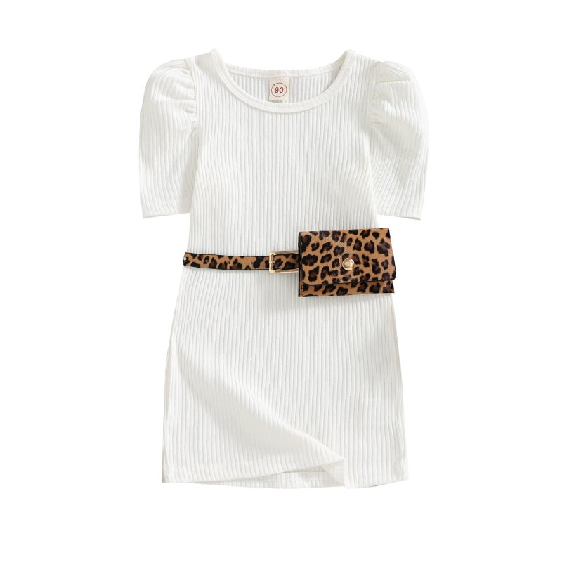 Foreign Trade Amazon Explosions Childrens Clothing Korean Style Summer Skirt Childrens Short Sleeve Pit Waist Pack Leopard Print Dress White