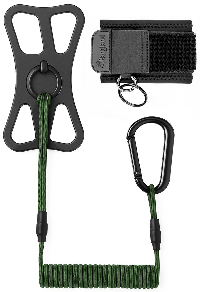 RANGLAND ACTIV-X Cell Phone Tether and Carabiner with Neoprene Wrist Mount Option Included (Universal Size -Fit) Ultra Secure Phone Lanyard with Bungee Cord (Green) - Image 1