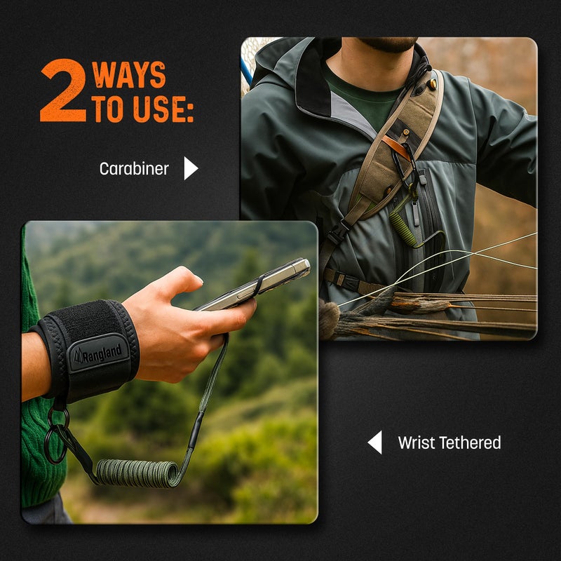 RANGLAND ACTIV-X Cell Phone Tether and Carabiner with Neoprene Wrist Mount Option Included (Universal Size -Fit) Ultra Secure Phone Lanyard with Bungee Cord (Green) - Image 3