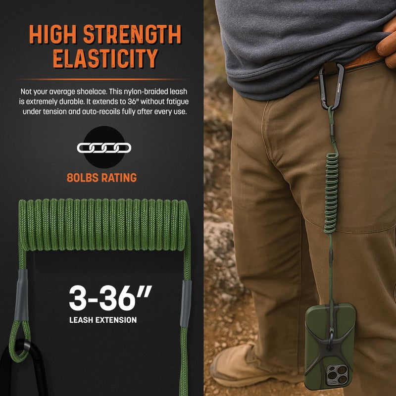 RANGLAND ACTIV-X Cell Phone Tether and Carabiner with Neoprene Wrist Mount Option Included (Universal Size -Fit) Ultra Secure Phone Lanyard with Bungee Cord (Green) - Image 4