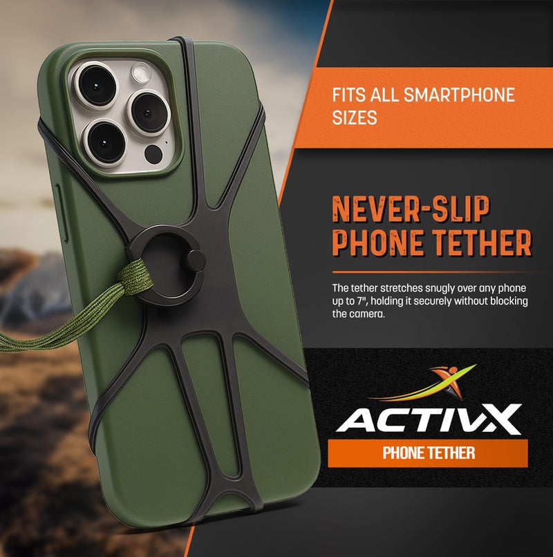 RANGLAND ACTIV-X Cell Phone Tether and Carabiner with Neoprene Wrist Mount Option Included (Universal Size -Fit) Ultra Secure Phone Lanyard with Bungee Cord (Green) - Image 2