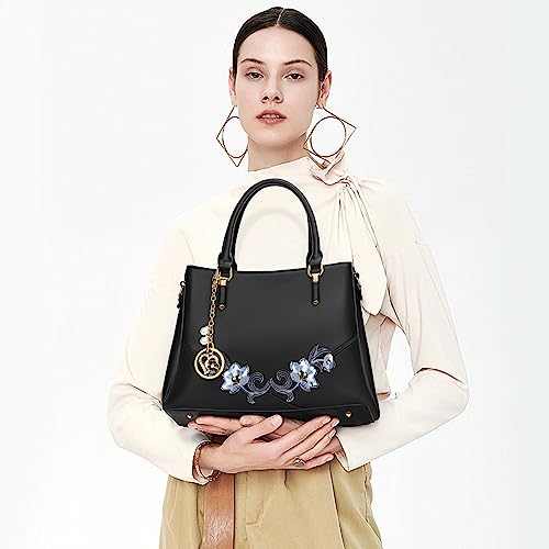 KKXIU 3 Zippered Compartments Purses and Handbags for Women Top Handle Satchel Shoulder Ladies Bags (D-Black flower) - Image 2