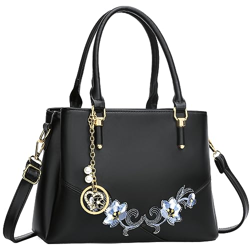 KKXIU 3 Zippered Compartments Purses and Handbags for Women Top Handle Satchel Shoulder Ladies Bags (D-Black flower) - Image 1