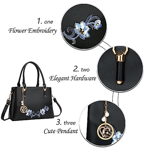 KKXIU 3 Zippered Compartments Purses and Handbags for Women Top Handle Satchel Shoulder Ladies Bags (D-Black flower) - Image 3