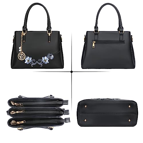KKXIU 3 Zippered Compartments Purses and Handbags for Women Top Handle Satchel Shoulder Ladies Bags (D-Black flower) - Image 4