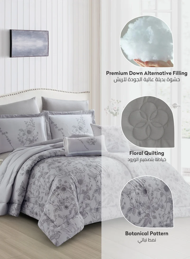 Donetella Cotton Comforter Set 4-Pcs Single Size All Season Reversible Floral Printed Bed Fits(120 X 200 Cm) With 350 GSM Down ALternative Filling,Santa Grey