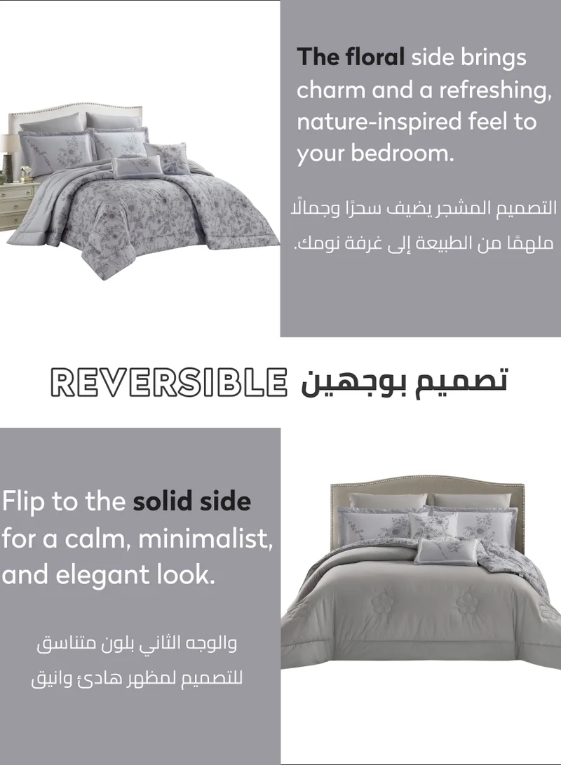 Donetella Cotton Comforter Set 4-Pcs Single Size All Season Reversible Floral Printed Bed Fits(120 X 200 Cm) With 350 GSM Down ALternative Filling,Santa Grey