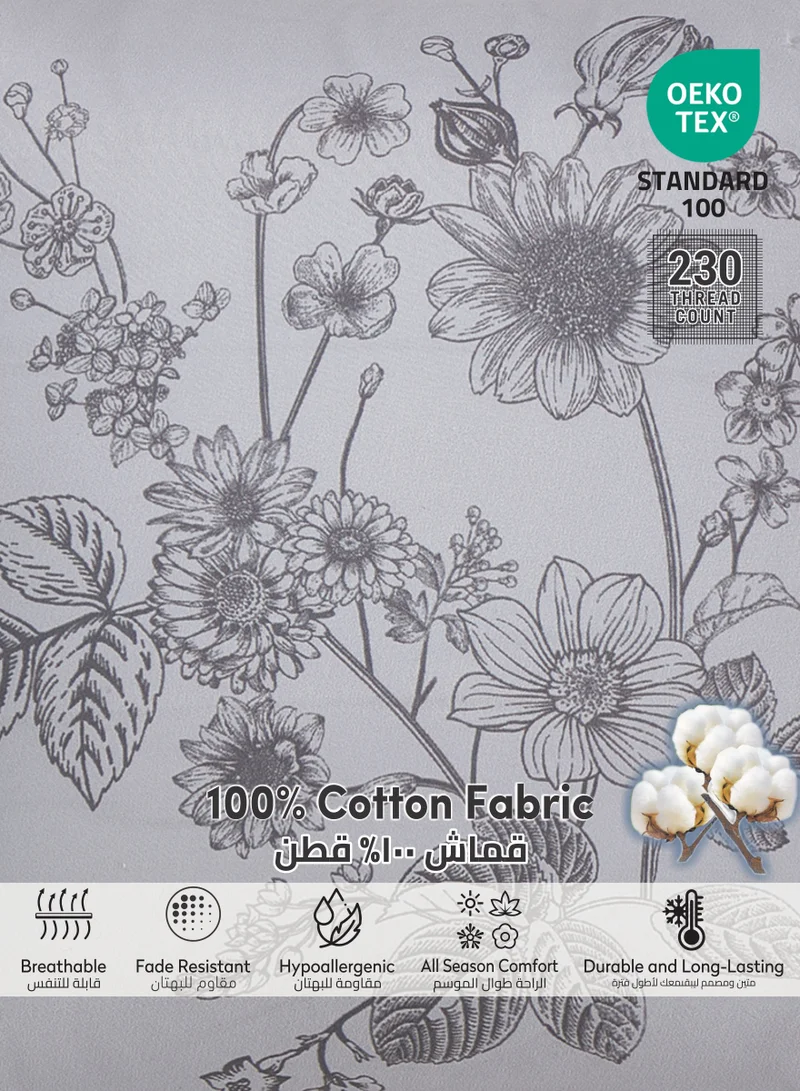 Donetella Cotton Comforter Set 4-Pcs Single Size All Season Reversible Floral Printed Bed Fits(120 X 200 Cm) With 350 GSM Down ALternative Filling,Santa Grey