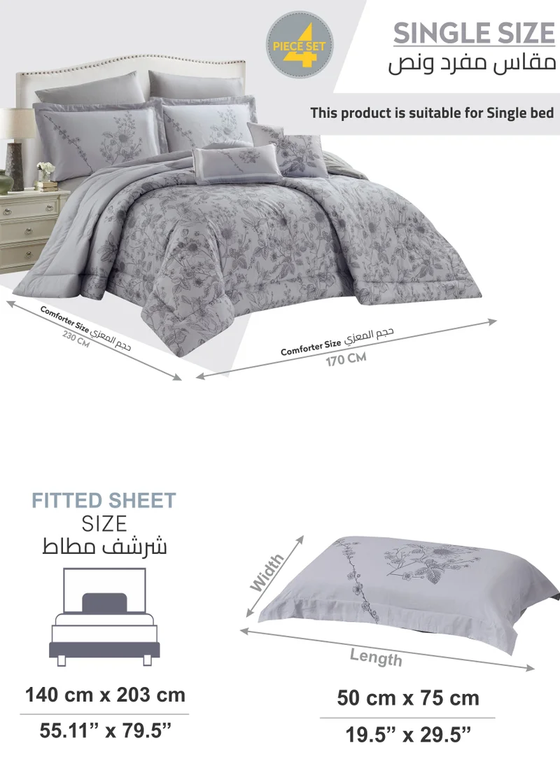 Donetella Cotton Comforter Set 4-Pcs Single Size All Season Reversible Floral Printed Bed Fits(120 X 200 Cm) With 350 GSM Down ALternative Filling,Santa Grey