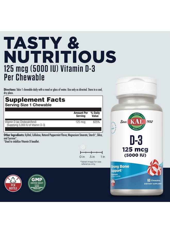 KAL Vitamin D3 5000 IU 125 mcg, High Potency Vitamin D Chewables, Calcium Absorption, Bone Health and Immune Support Supplement, Natural Peppermint Flavor, 60-Day Guarantee, 60 Servings, 60 Chews - Image 3