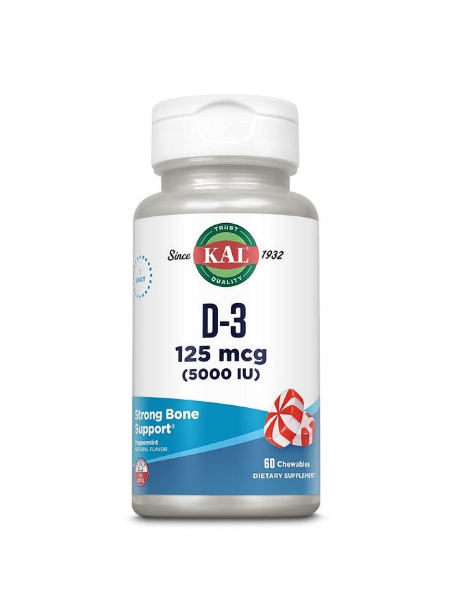 KAL Vitamin D3 5000 IU 125 mcg, High Potency Vitamin D Chewables, Calcium Absorption, Bone Health and Immune Support Supplement, Natural Peppermint Flavor, 60-Day Guarantee, 60 Servings, 60 Chews - Image 1