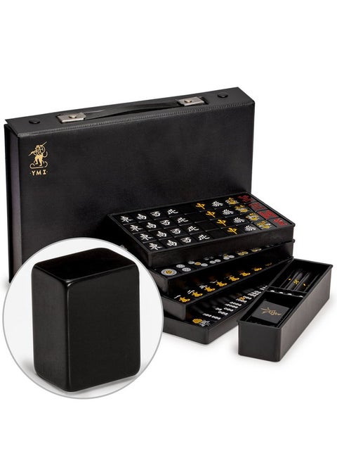 Japanese Riichi Mahjong Set Black Standard Size Tiles And Vinyl Case With East Wind Tile Set Of Scoring Sticks & Dice