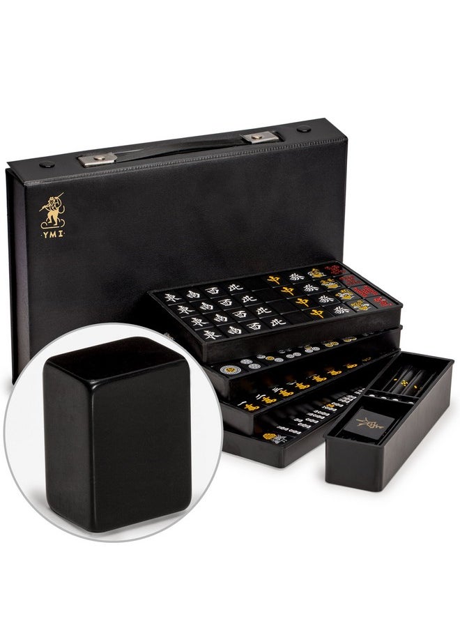 Yellow Mountain Imports - Japanese Riichi Mahjong Set Black Standard Size Tiles And Vinyl Case With East Wind Tile Set Of Scoring Sticks & Dice - Image 1