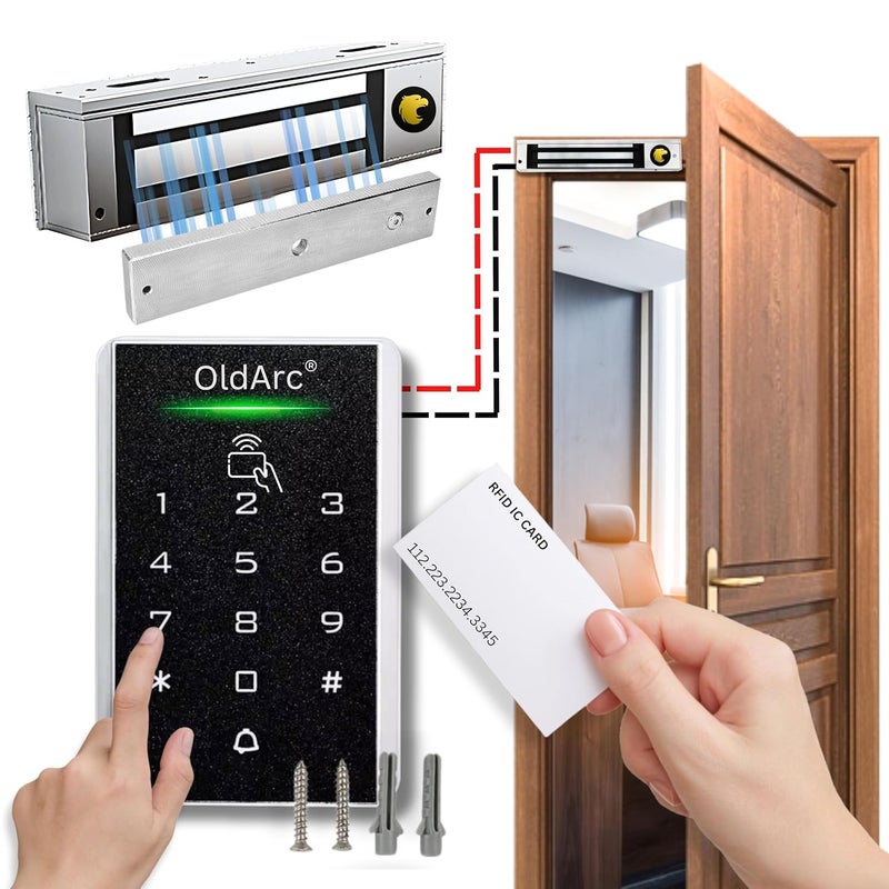 OldArc طقم قفل الباب الكهرومغناطيسي EK5 | نظام التحكم في الوصول عبر بطاقة RFID + قفل EM 600 رطل + لوحة مفاتيح KM-35 + مصدر طاقة + مفتاح خروج + قفل كهرومغناطيسي بيومتري RFID للمكتب - Image 1