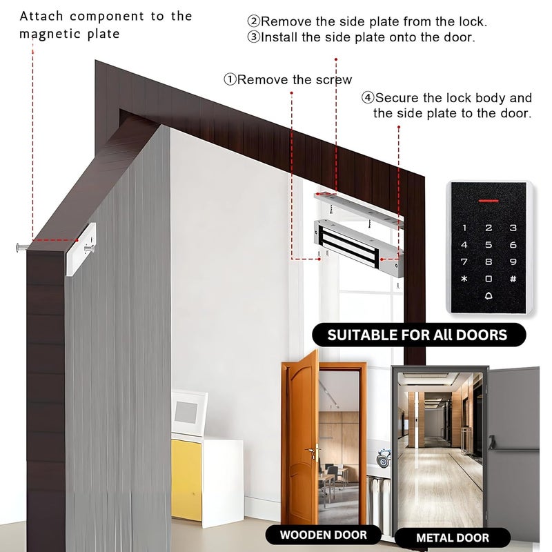 OldArc طقم قفل الباب الكهرومغناطيسي EK5 | نظام التحكم في الوصول عبر بطاقة RFID + قفل EM 600 رطل + لوحة مفاتيح KM-35 + مصدر طاقة + مفتاح خروج + قفل كهرومغناطيسي بيومتري RFID للمكتب - Image 4