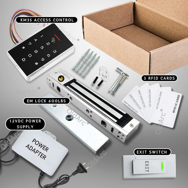 OldArc طقم قفل الباب الكهرومغناطيسي EK5 | نظام التحكم في الوصول عبر بطاقة RFID + قفل EM 600 رطل + لوحة مفاتيح KM-35 + مصدر طاقة + مفتاح خروج + قفل كهرومغناطيسي بيومتري RFID للمكتب - Image 3