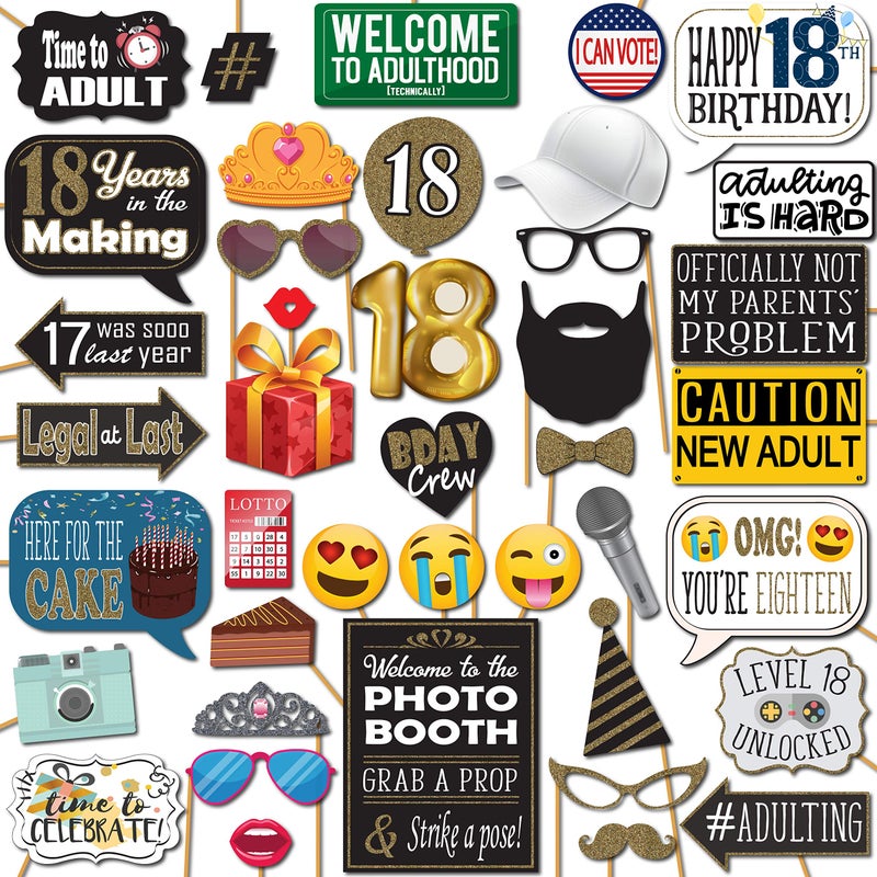 18th Birthday Photo Booth Props  41pc Photobooth Kit with 8 x 10Inch Sign 60 Adhesive Pads 45 Sticks  18th Birthday Decorations for Girls and Boys  18 Photo Booth Props