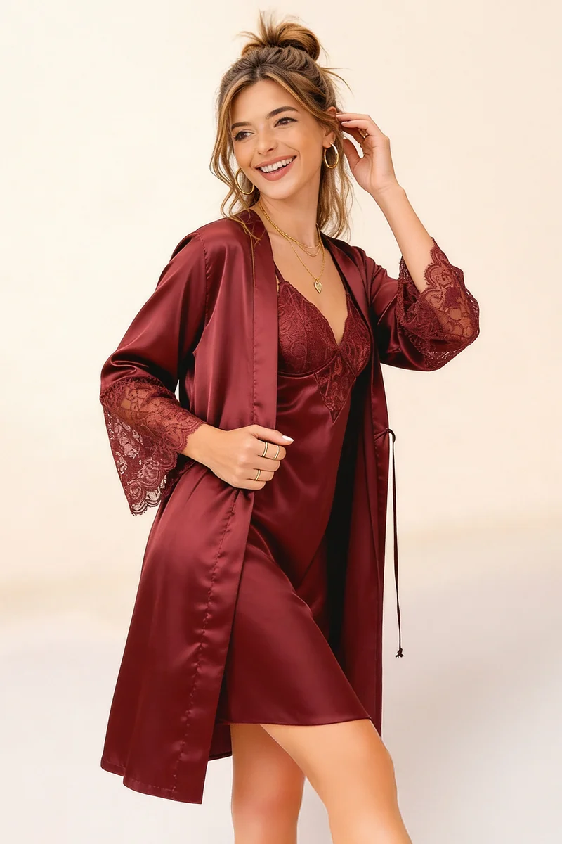 Clovia Clovia Padded Babydoll & Robe Set in Maroon - Satin