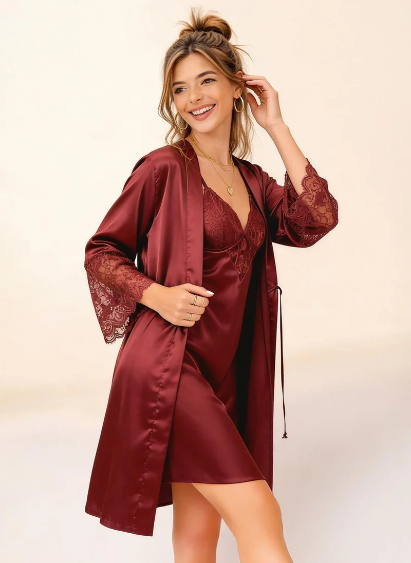 كلوفيا Clovia Padded Babydoll & Robe Set in Maroon - Satin