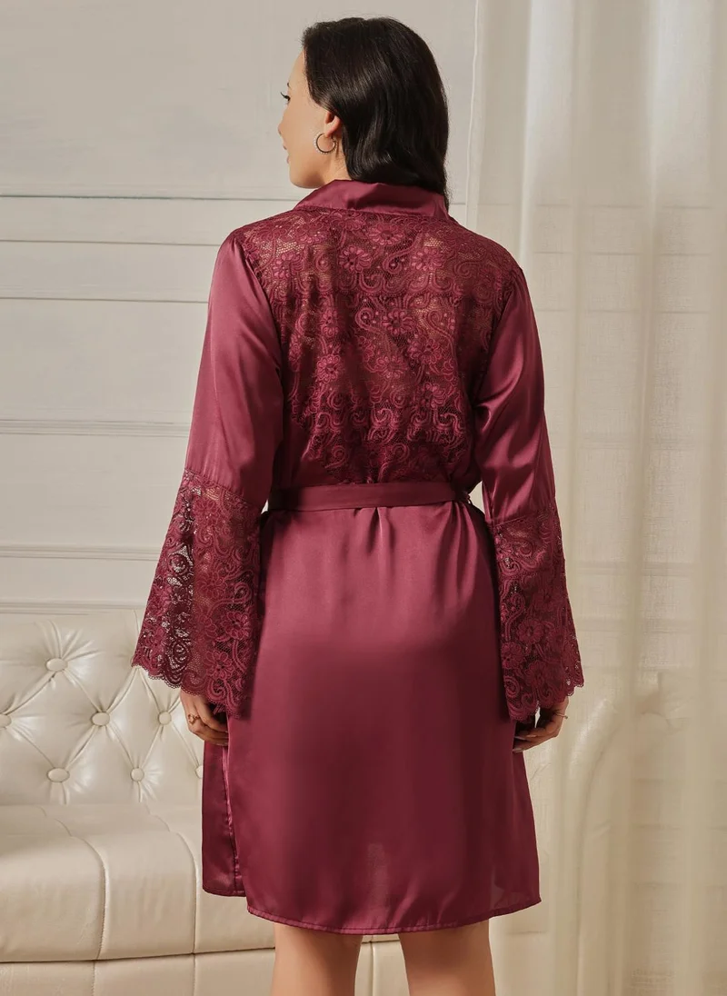 Clovia Maroon Clovia Padded Babydoll & Robe Set in Maroon - Satin for Women | Best Price UAE