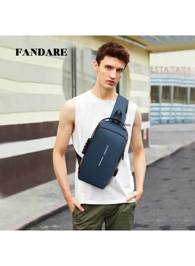 FANDARE Anti-theft Chest Bag Business Shoulder Bags Satchel Bag with USB for Men Travel Hiking Cycling Camping Excursion Waterproof Multi-Pockets Small Backpack, Blue, L, Shoulder strap - Image 2