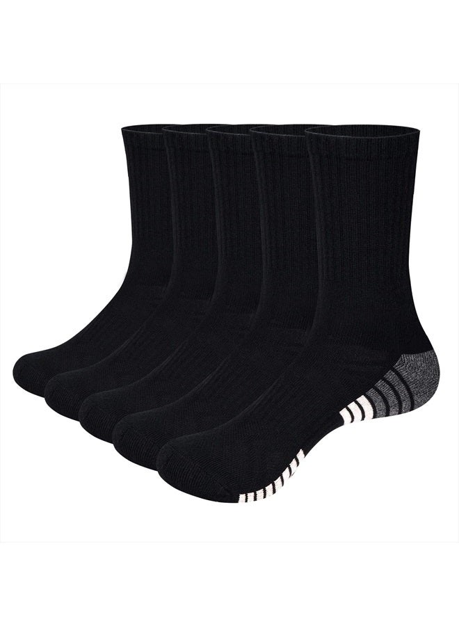 YUEDGE Mens Black Cushioned Crew Socks Moisture Wicking Gym Golf Training Athletic Socks for Men Size 10-13, Casual Cotton Socks Anti Sweat Work Socks, 5 Pairs - Image 1