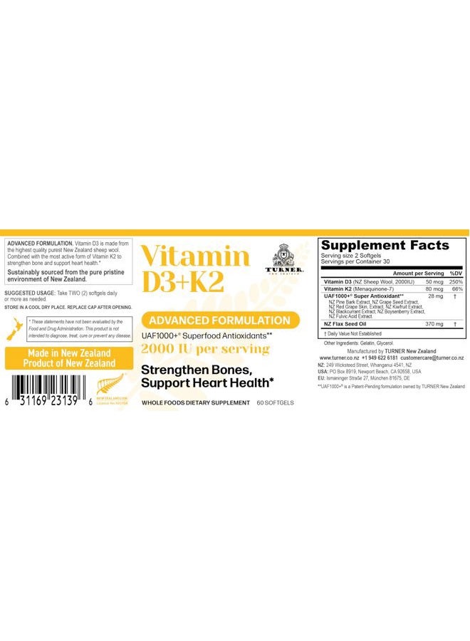 Turner Vitamin D3 (2000IU) Plus K2 (80mcg), 2 in 1 Formula, Vitamin D3 Liquid with Vitamin K2, 60 Soft-Gels, Support Heart, Teeth & Joint Health, Easy to Swallow - Image 2